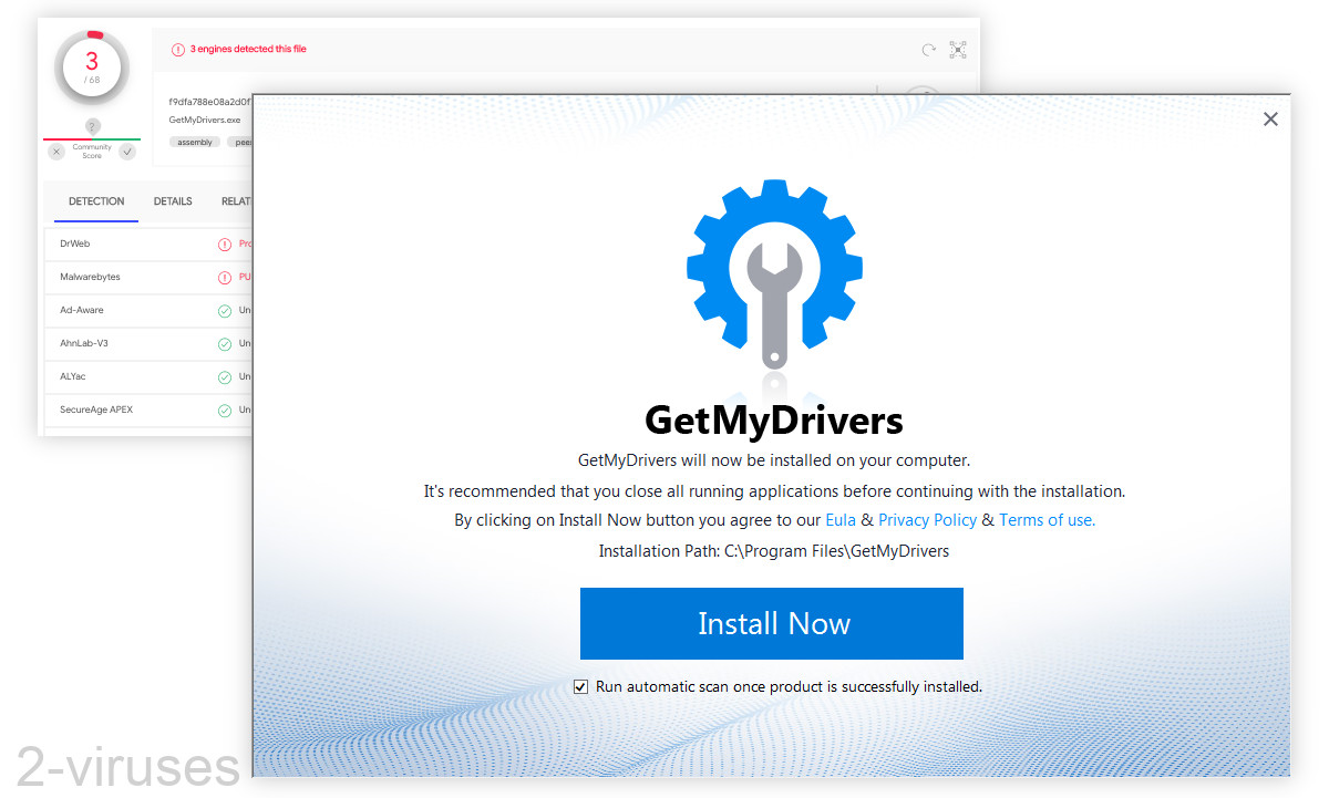 GetMyDrivers gets detected by 3 scanners on VirusTotal.